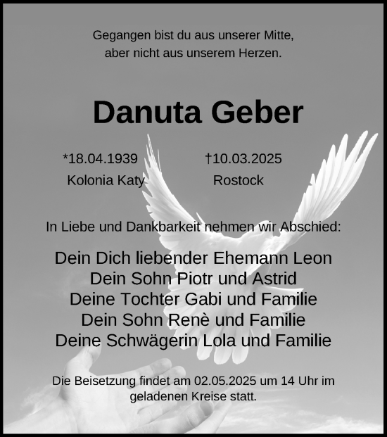 Traueranzeige von Danuta Geber von Ostsee-Zeitung GmbH