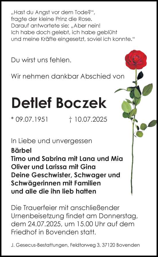 Traueranzeige von Detlef Boczek von Göttinger Tageblatt