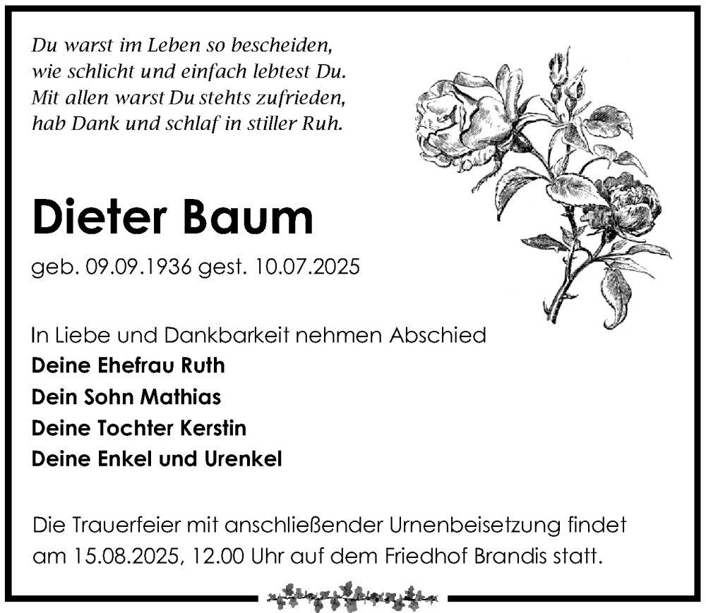  Traueranzeige für Dieter Baum vom 26.07.2025 aus Leipziger Volkszeitung