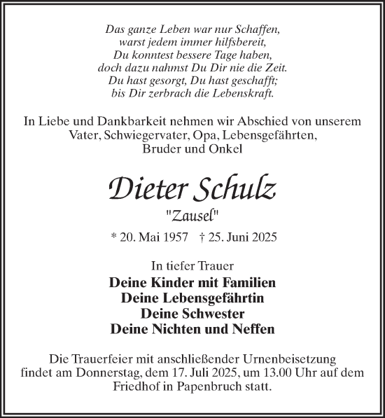Traueranzeige von Dieter Schulz von Wochenspiegel