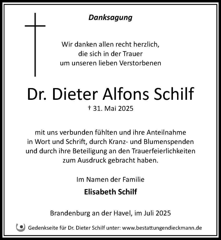  Traueranzeige für Dieter Alfons Schilf vom 19.07.2025 aus Märkischen Allgemeine Zeitung