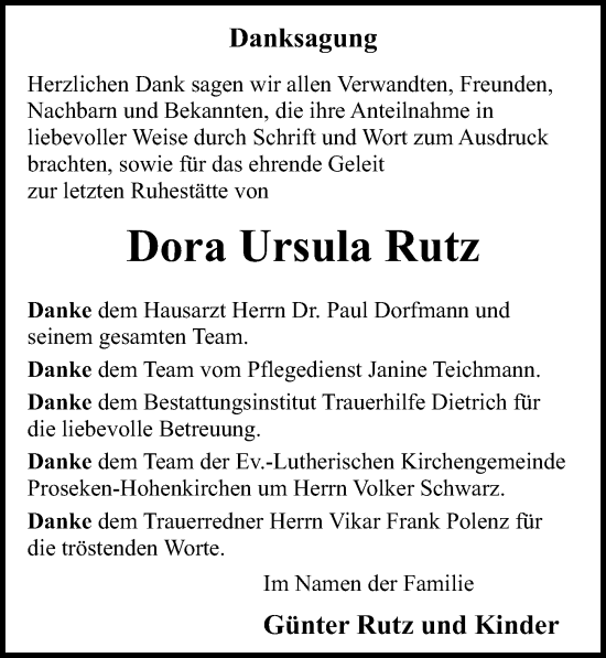 Traueranzeige von Dora Ursula Rutz von Ostsee-Zeitung GmbH