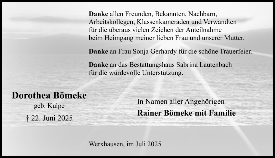 Traueranzeige von Dorothea Bömeke von Eichsfelder Tageblatt