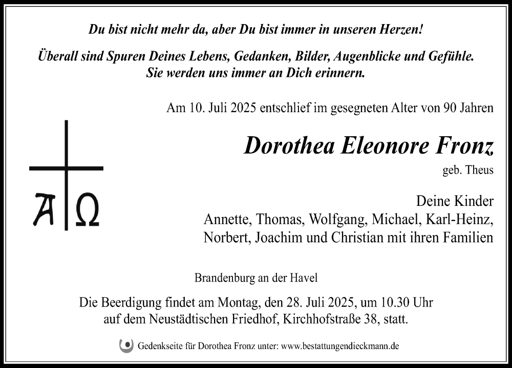  Traueranzeige für Dorothea Eleonore Fronz vom 19.07.2025 aus Märkischen Allgemeine Zeitung