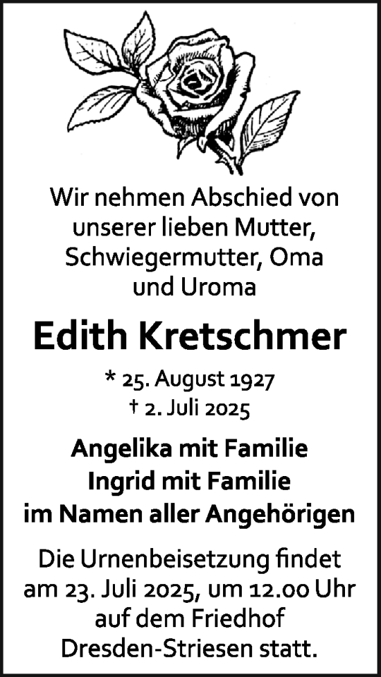 Traueranzeige von Edith Kretschmer von Sächsische Zeitung