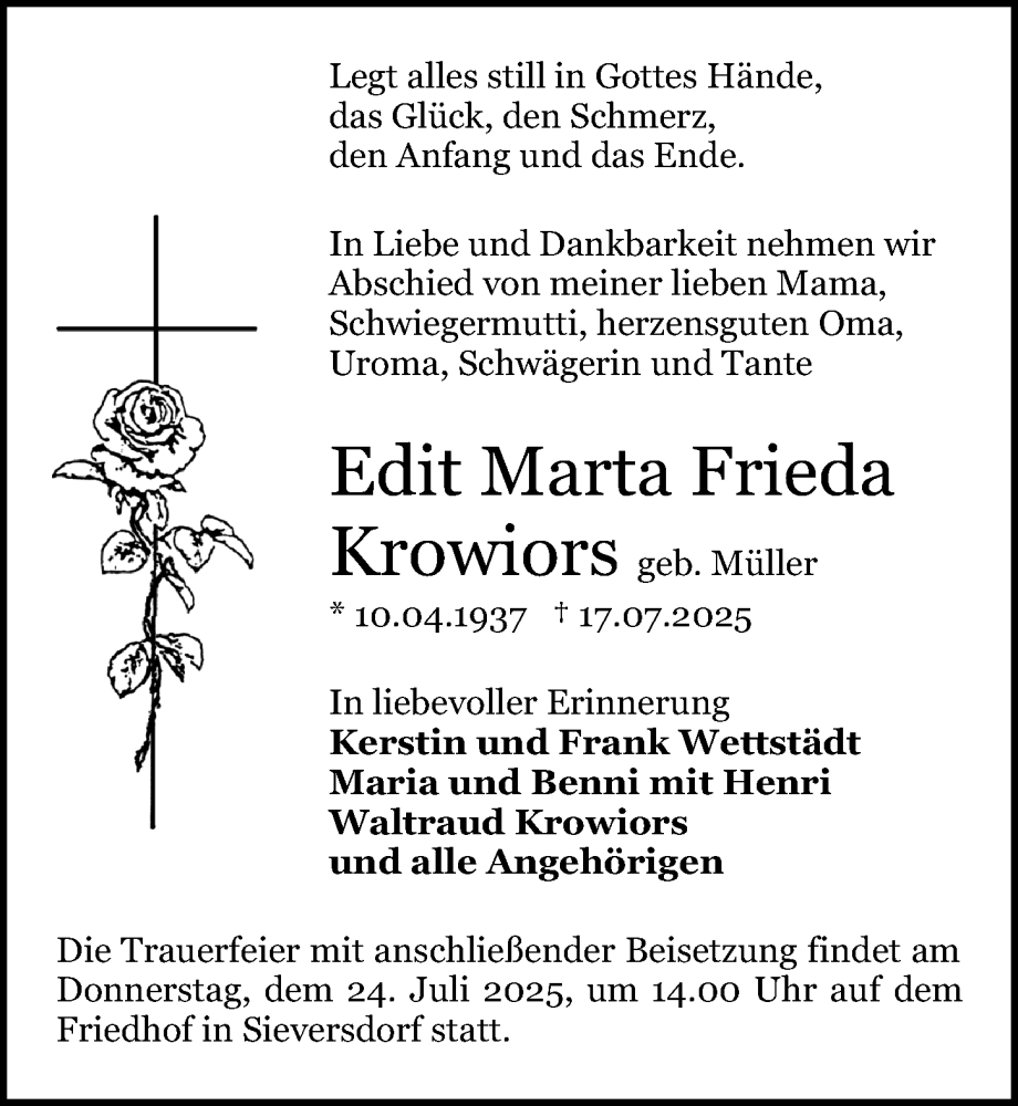  Traueranzeige für Edit Marta Frieda Krowiors vom 22.07.2025 aus Märkischen Allgemeine Zeitung
