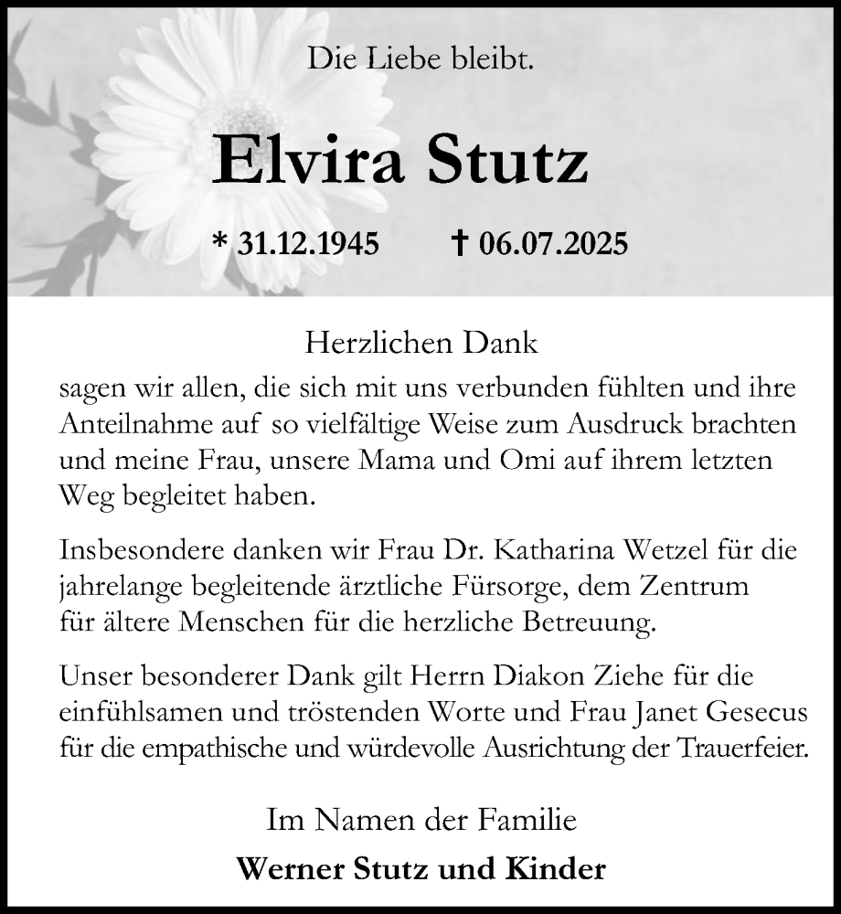  Traueranzeige für Elvira Stutz vom 26.07.2025 aus Göttinger Tageblatt