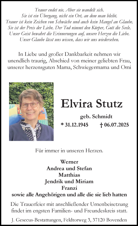 Traueranzeige von Elvira Stutz von Göttinger Tageblatt