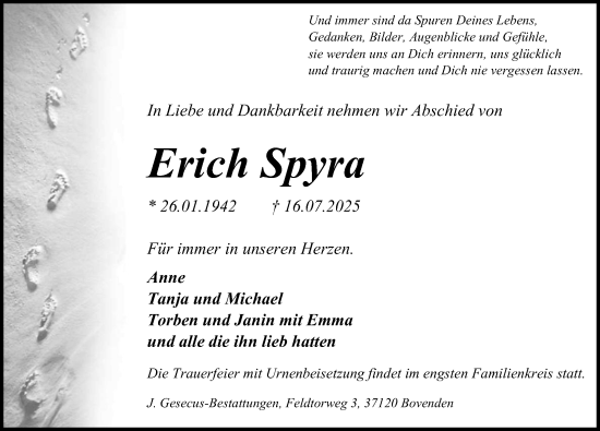 Traueranzeige von Erich Spyra von Göttinger Tageblatt