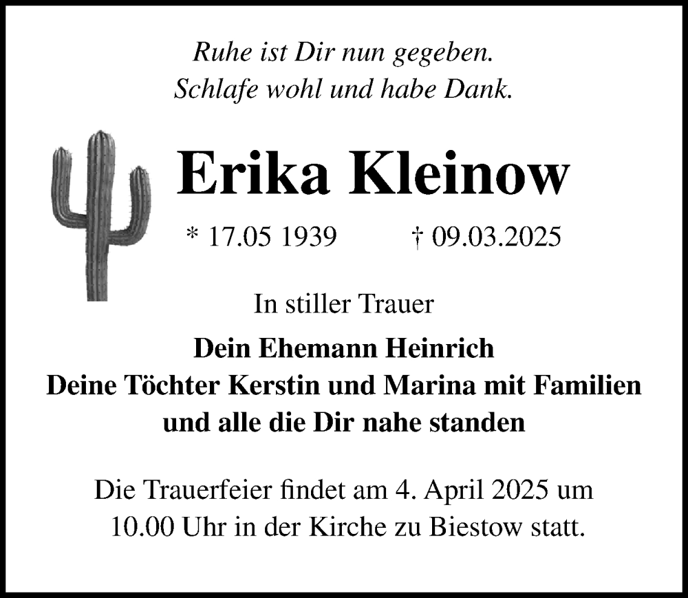  Traueranzeige für Erika Kleinow vom 22.03.2025 aus Ostsee-Zeitung GmbH