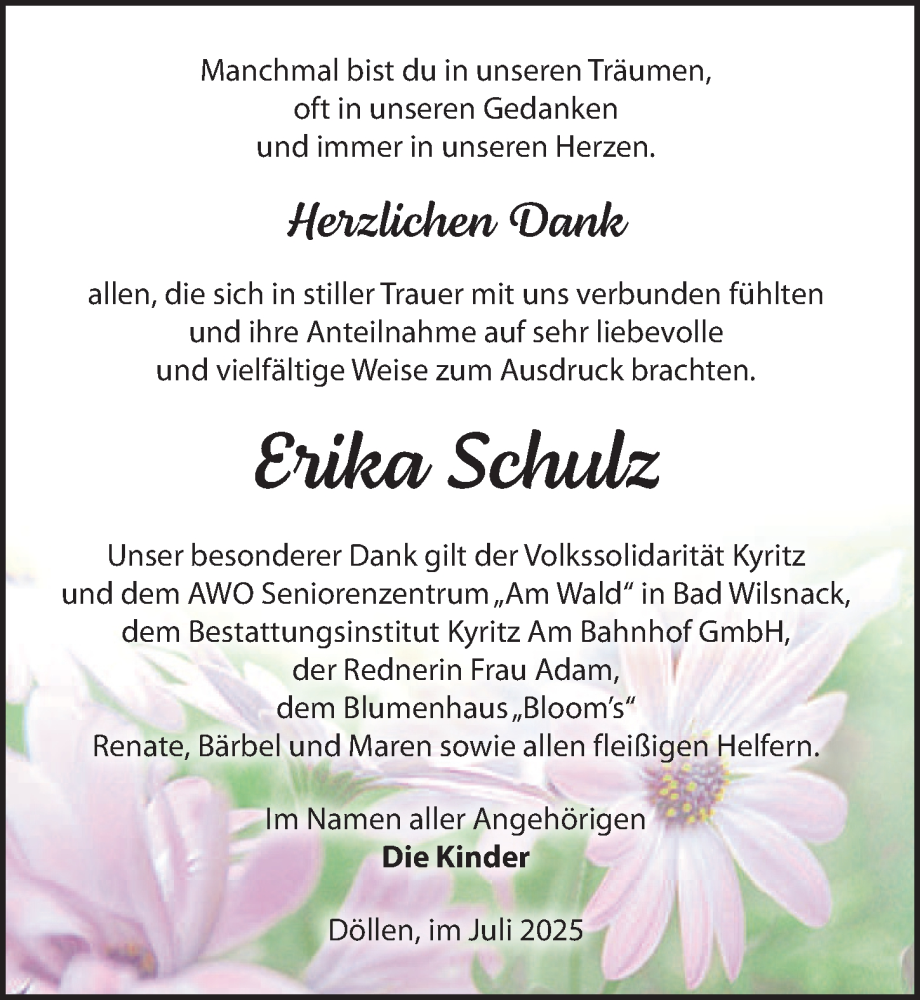  Traueranzeige für Erika Schulz vom 26.07.2025 aus Wochenspiegel
