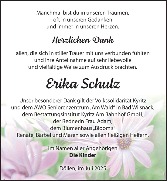Traueranzeige von Erika Schulz von Wochenspiegel