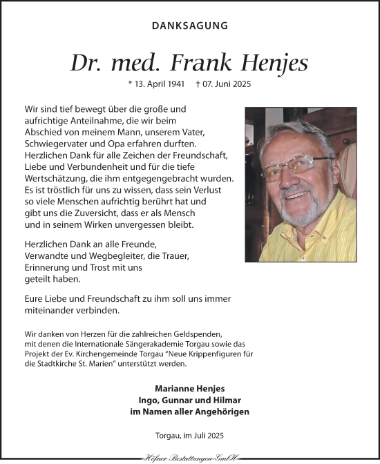 Traueranzeige von Frank Henjes von Torgauer Zeitung