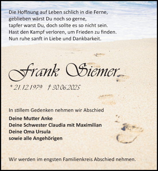 Traueranzeige von Frank Siemer von Wochenspiegel