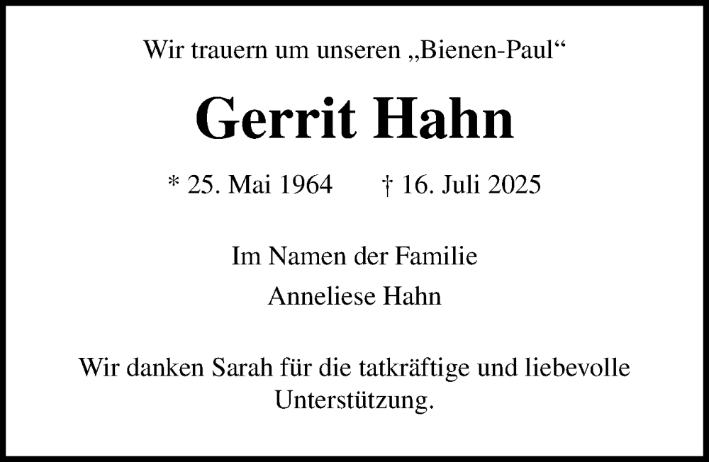  Traueranzeige für Gerrit Hahn vom 20.07.2025 aus Lübecker Nachrichten