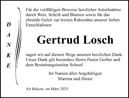 Traueranzeige von Gertrud Losch von Ostsee-Zeitung GmbH