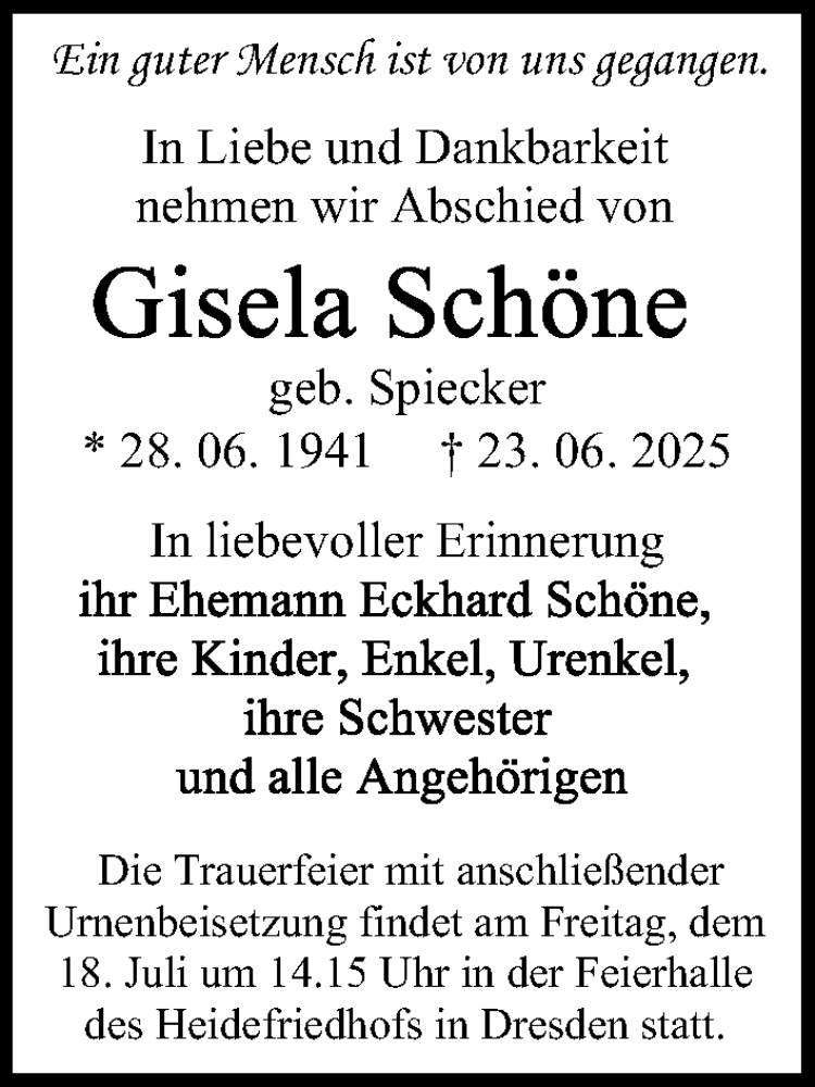  Traueranzeige für Gisela Schöne vom 05.07.2025 aus Sächsische Zeitung
