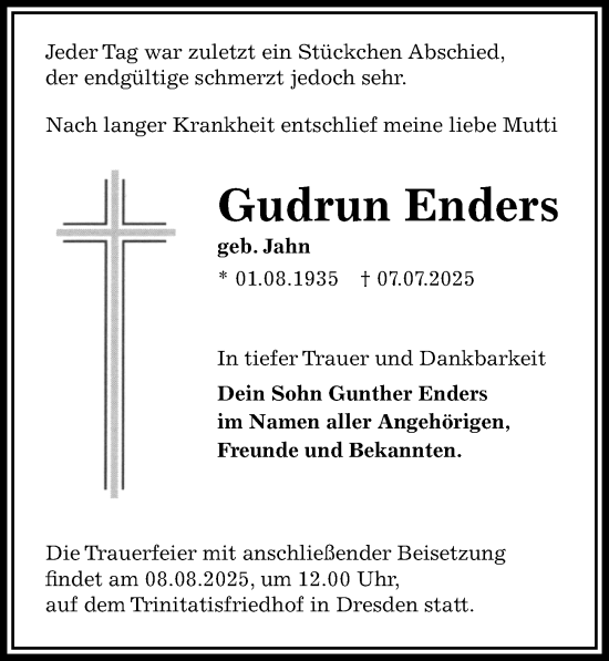 Traueranzeige von Gudrun Enders von Sächsische Zeitung