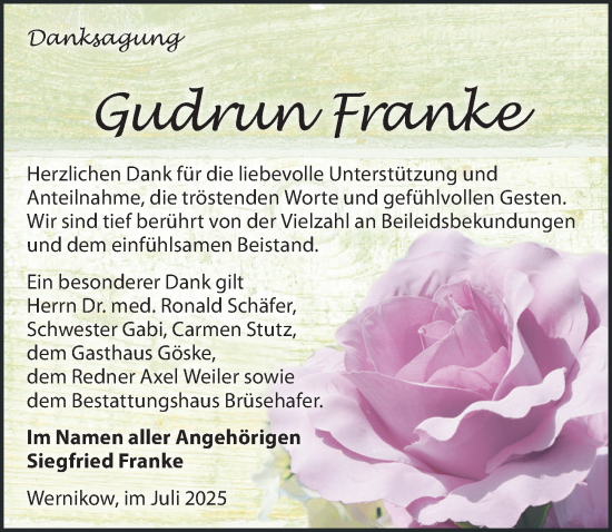 Traueranzeige von Gudrun Franke von Wochenspiegel