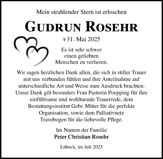 Traueranzeige von Gudrun Rosehr von Lübecker Nachrichten
