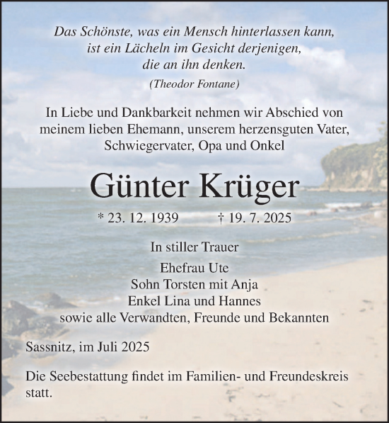 Traueranzeige von Günter Krüger von Ostsee-Zeitung GmbH