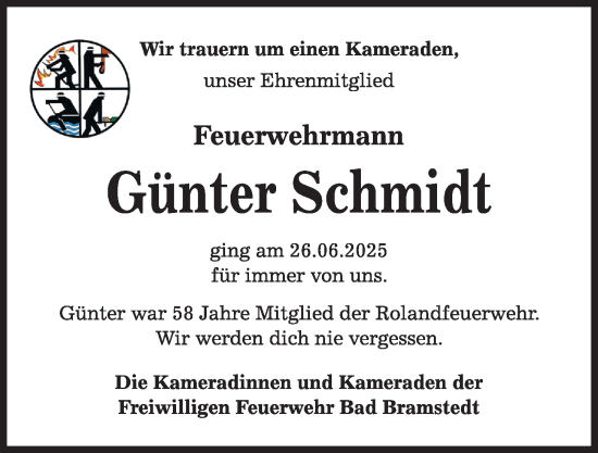 Traueranzeige von Günter Schmidt von Kieler Nachrichten