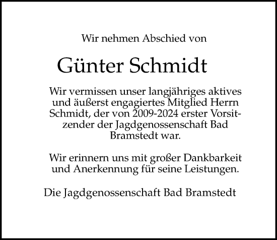 Traueranzeige von Günter Schmidt von Kieler Nachrichten