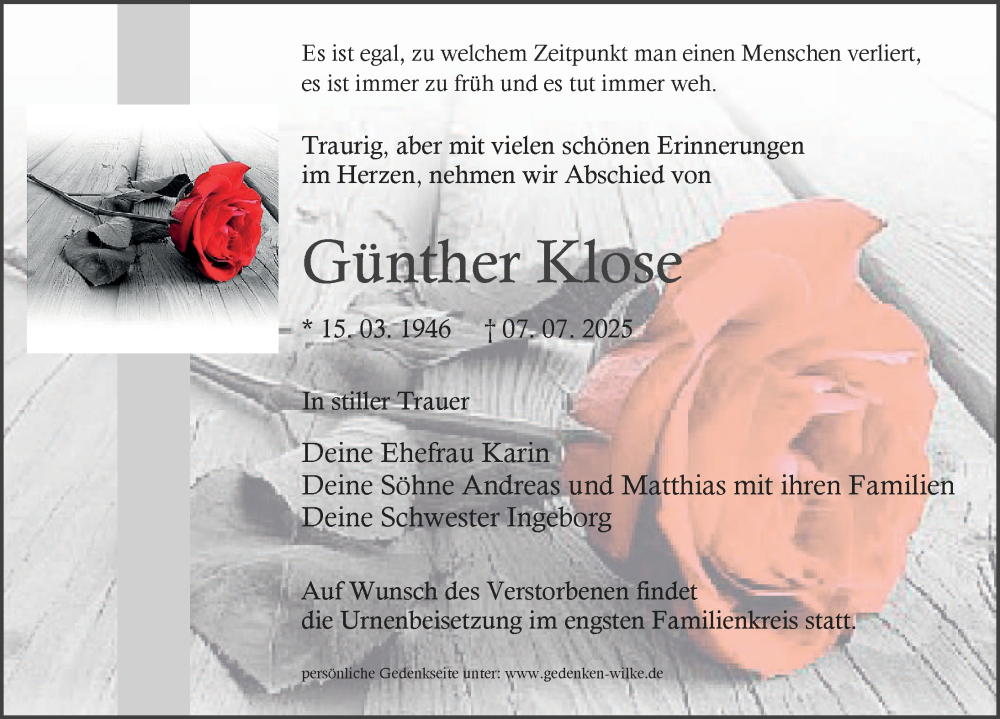  Traueranzeige für Günther Klose vom 19.07.2025 aus Märkischen Allgemeine Zeitung