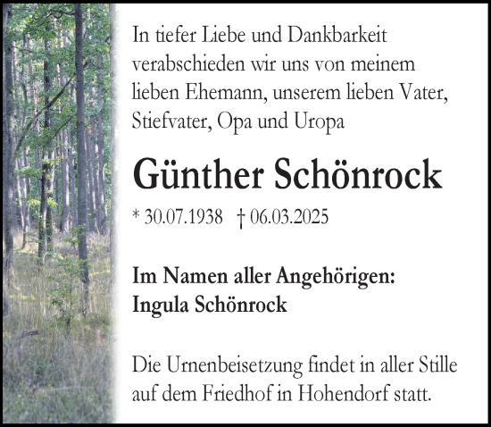 Traueranzeige von Günther Schönrock von Ostsee-Zeitung GmbH