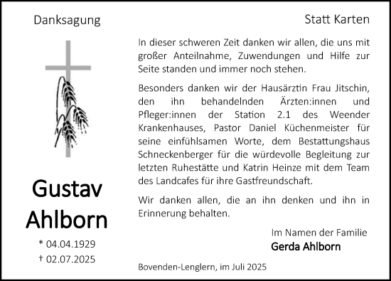 Traueranzeige von Gustav Ahlborn von Göttinger Tageblatt