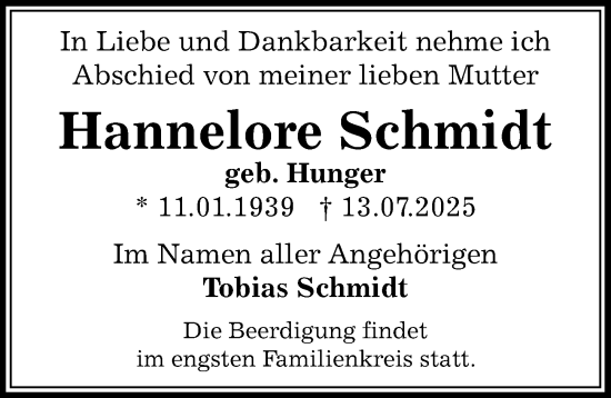 Traueranzeige von Hannelore Schmidt von Sächsische Zeitung