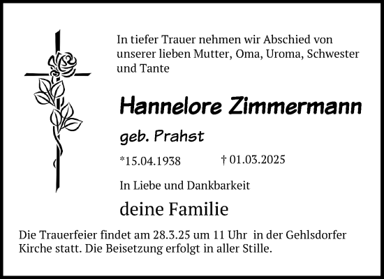 Traueranzeige von Hannelore Zimmermann von Ostsee-Zeitung GmbH