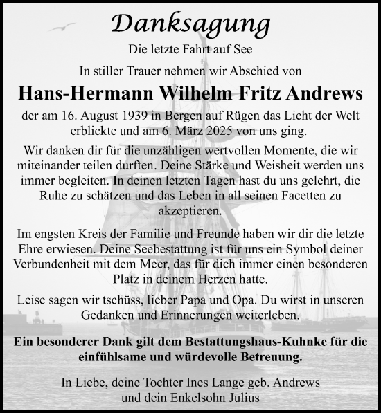 Traueranzeige von Hans-Hermann Wilhelm Fritz Andrews von Ostsee-Zeitung GmbH