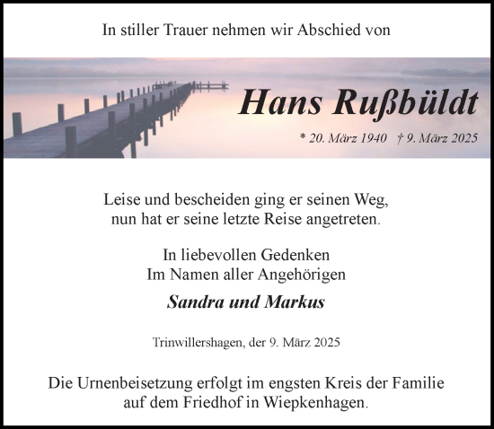 Traueranzeige von Hans Rußbüldt von Ostsee-Zeitung GmbH