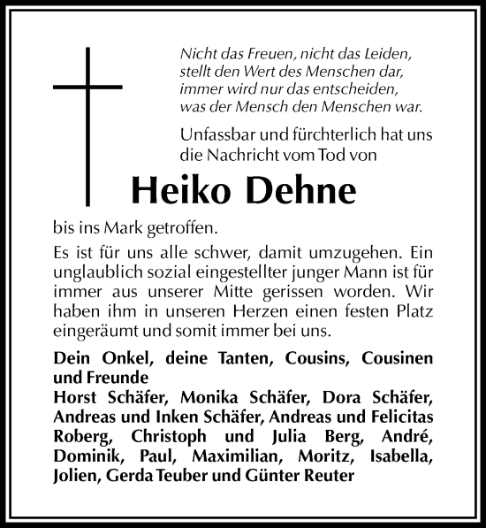 Traueranzeige von Heiko Dehne von Täglicher Anzeiger Holzminden