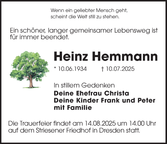 Traueranzeige von Heinz Hemmann von Sächsische Zeitung