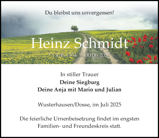 Traueranzeige von Heinz Schmidt von Wochenspiegel