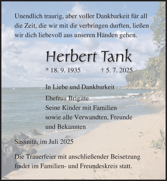Traueranzeige von Herbert Tank von Ostsee-Zeitung GmbH