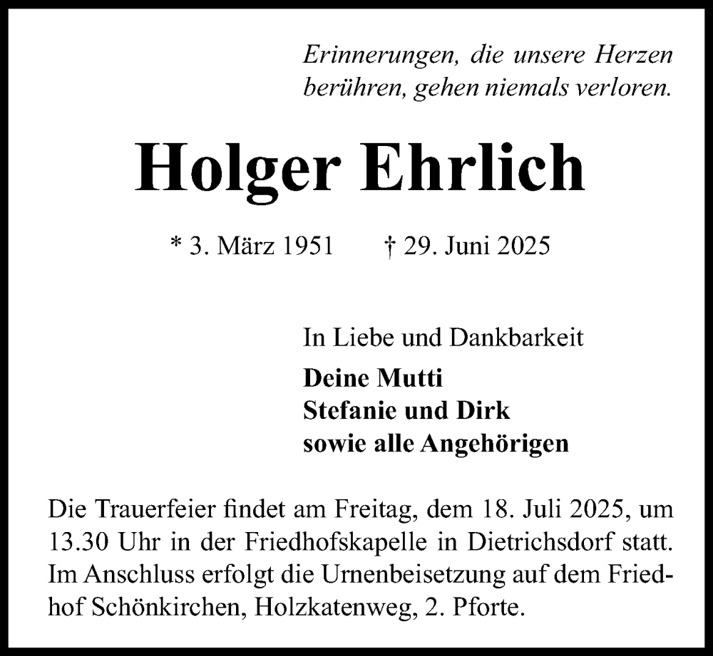  Traueranzeige für Holger Ehrlich vom 12.07.2025 aus Kieler Nachrichten