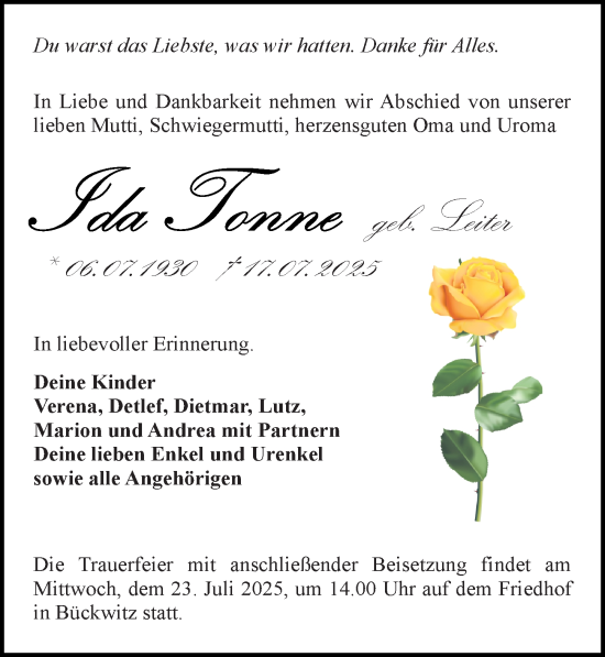 Traueranzeige von Ida Tonne von Märkischen Allgemeine Zeitung