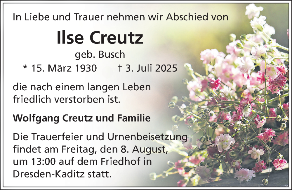  Traueranzeige für Ilse Creutz vom 19.07.2025 aus Sächsische Zeitung