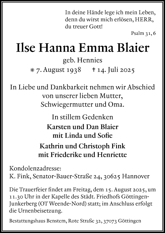 Traueranzeige von Ilse Hanna Emma Blaier von Göttinger Tageblatt
