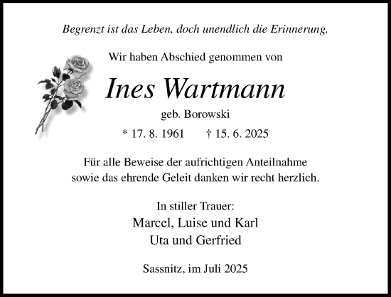 Traueranzeige von Ines Wartmann von Ostsee-Zeitung GmbH