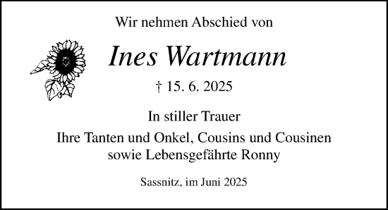 Traueranzeige von Ines Wartmann von Ostsee-Zeitung GmbH