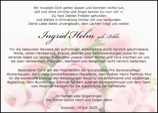 Traueranzeige von Ingrid Helm von Wochenspiegel