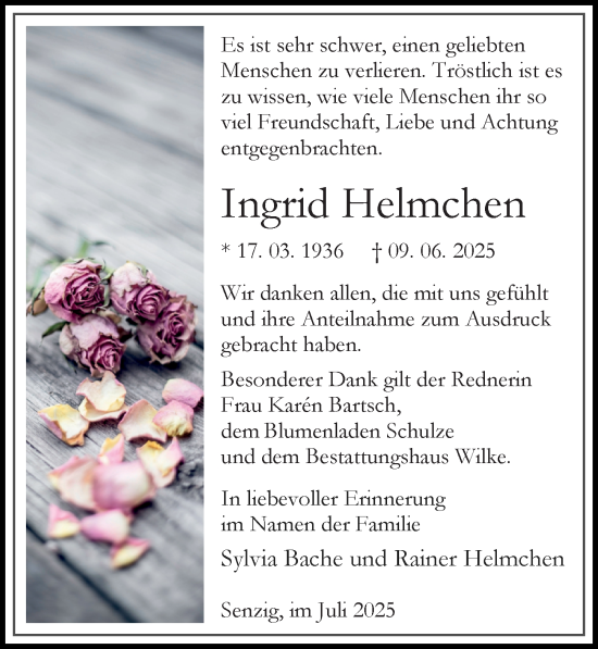 Traueranzeige von Ingrid Helmchen von Märkischen Allgemeine Zeitung