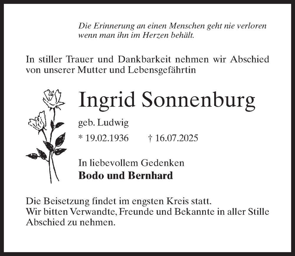  Traueranzeige für Ingrid Sonnenburg vom 26.07.2025 aus Märkischen Allgemeine Zeitung