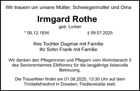 Traueranzeige von Irmgard Rothe von Sächsische Zeitung