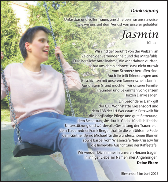 Traueranzeige von Jasmin  von Wochenspiegel