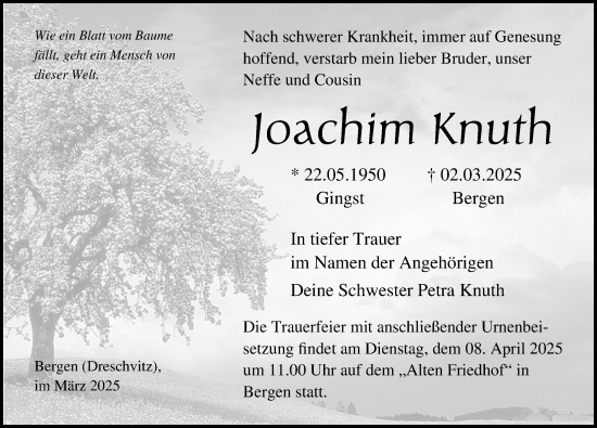 Traueranzeige von Joachim Knuth von Ostsee-Zeitung GmbH